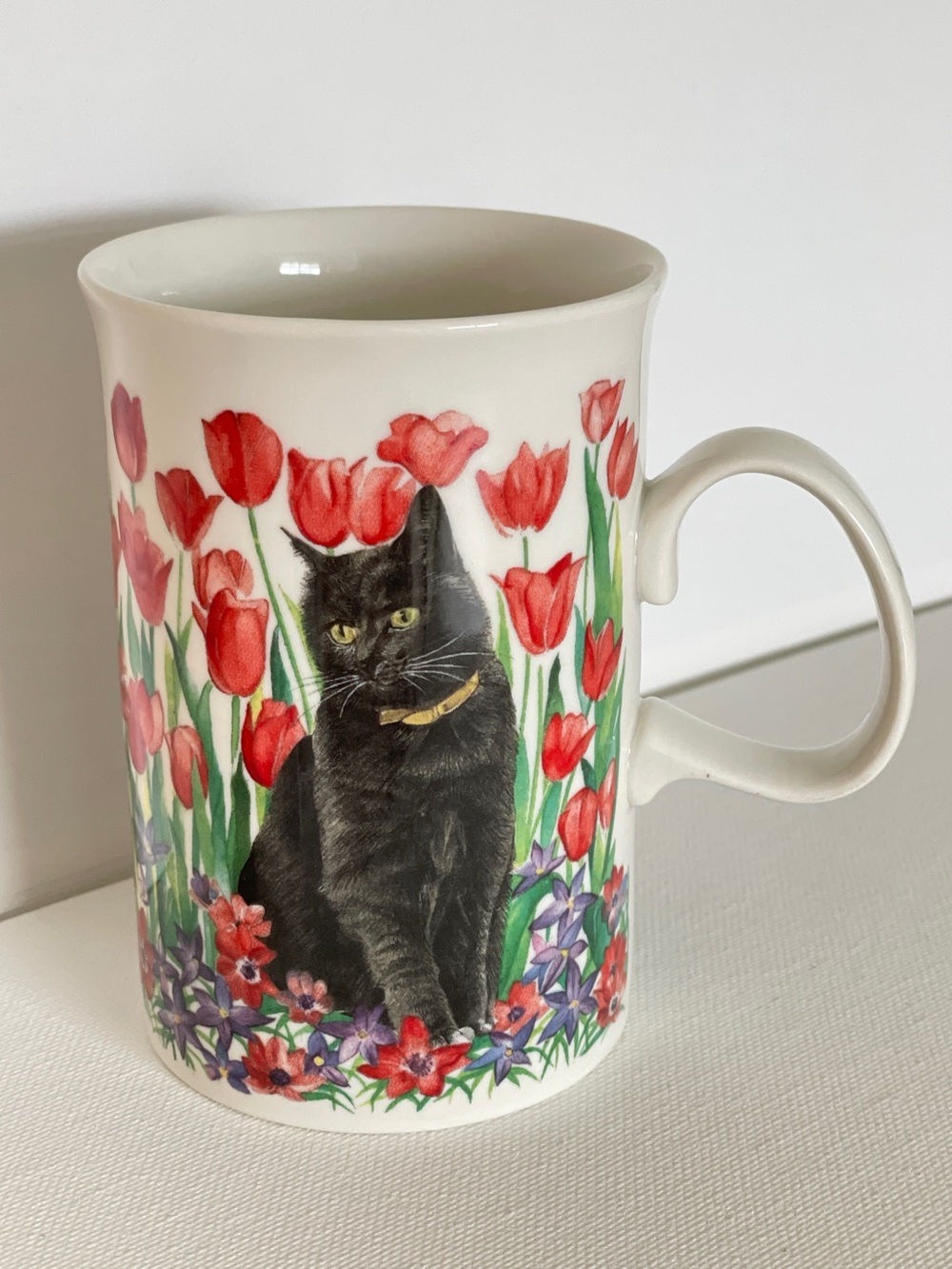 Vintage Dunoon Fine Stoneware Mug - Black Cats and Tulips by Sue Scullard 8 oz